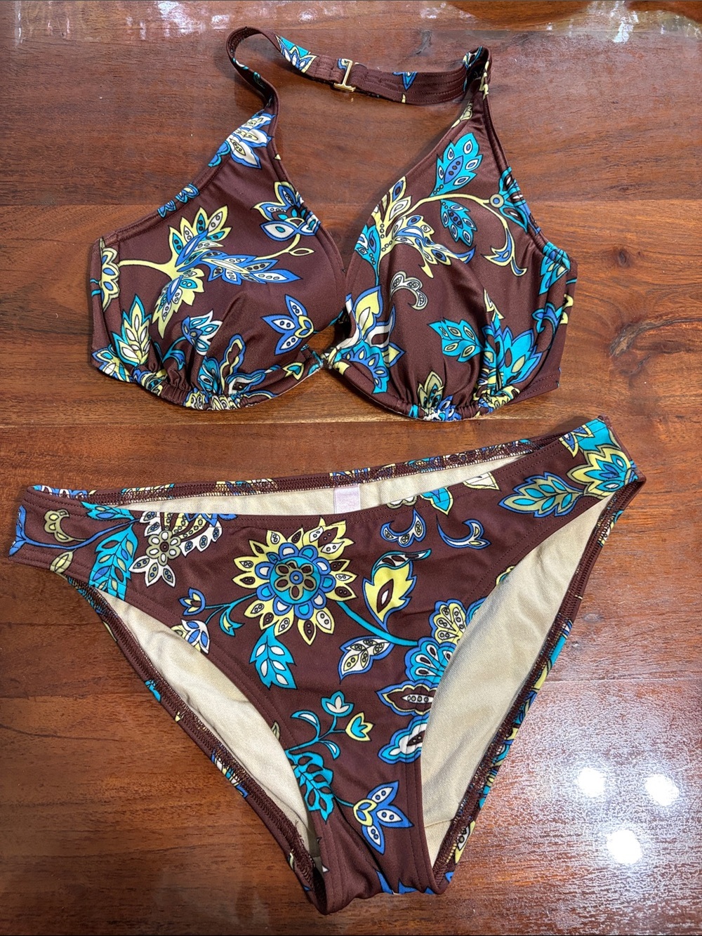 Victoria's Secret Brown Floral Underwire Bikini with Blue & Yellow Accents
